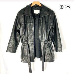 Nine West Vintage 90s Belted Leather Jacket Women Size S Black Goth Grunge Edgy